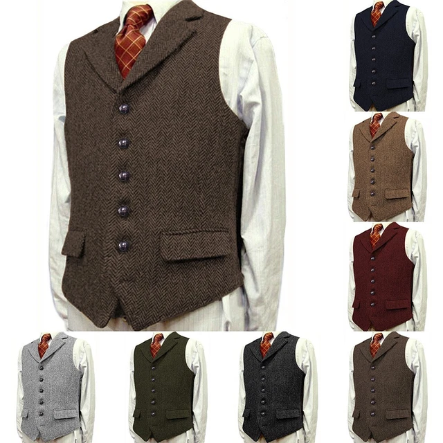 Classico Retrò Uomo Vintage Abito Canotta Dentellato Bavero Pesce Tweed Gilet