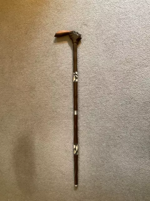 35 1/4" Wood Head Handle,Brown Wood w/Stone Inlays/Metal Band Walking Stick Cane