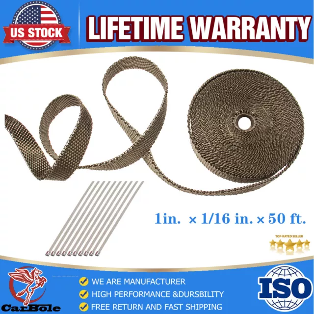 50ft Roll Titanium Exhaust Heat Wrap Header Turbo Pipe Manifold Tape & 10 Ties