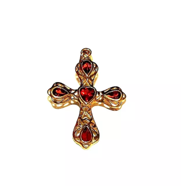 STUNNING SECONDHAND 9ct YELLOW GOLD HEART SHAPPED GARNET SET CROSS PENDANT,2.2g