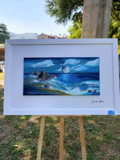 Quadro Moderno DIPINTO A MANO su tela con olio. Mare e luna con cornice.