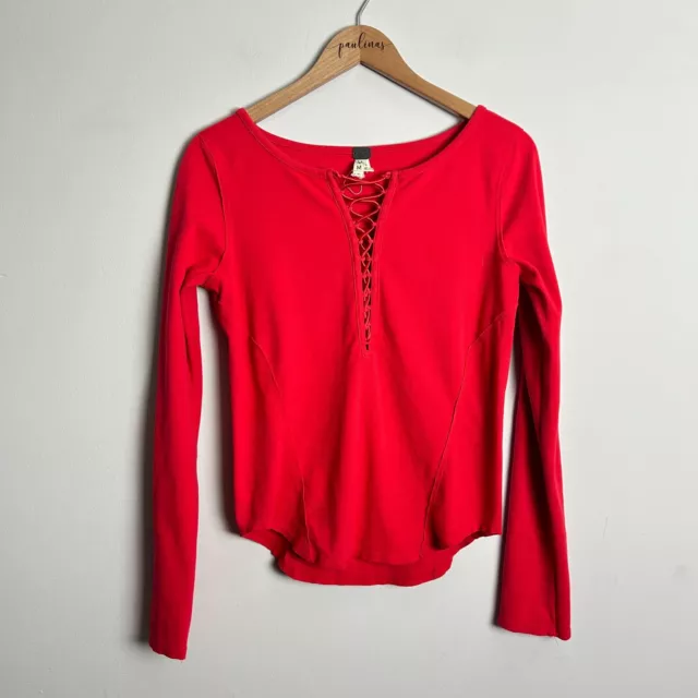 We The Free People Red Corset Neck Long Sleeve Cotton Shirt Top Medium M