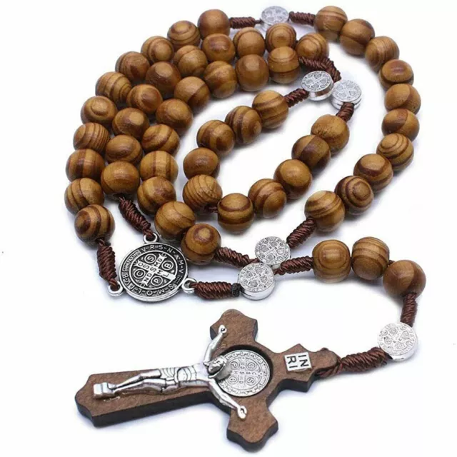 Wooden rosary necklace brown crucifix catholic cross prayer worry beads