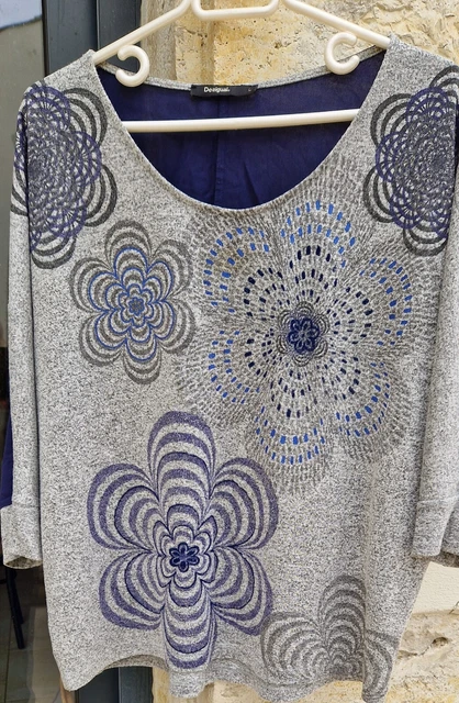 Haut / Tunique DÉSIGUAL Manches 3/4 - Taille XL - Couleur Gris/bleu Marine - Occasion TBE