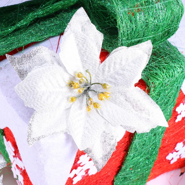 6 pz piccoli ornamenti floreali finti Poinsettia porta anteriore scintillanti