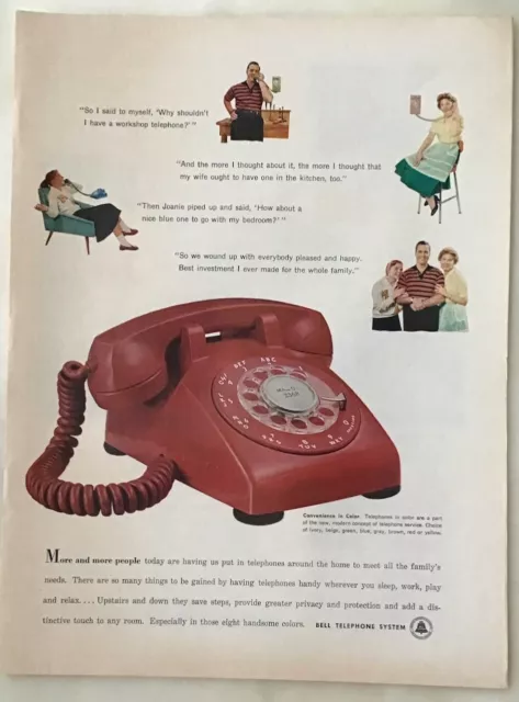 1957 magazine ad for Bell Telephone - red phone, more phones around the house