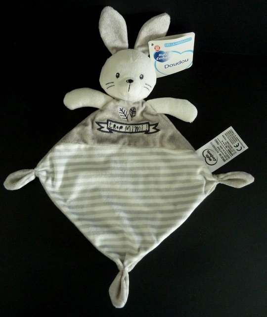 19. DOUDOU PLAT MOTS D'ENFANT LAPIN Trop mimi ! gris rayé blanc - 100% NEUF