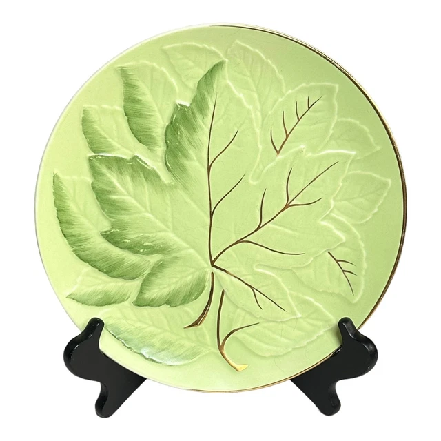 VTG Royal Winton Grimwades England Leaf Ware Embossed Cake Plate Green Gold Trim