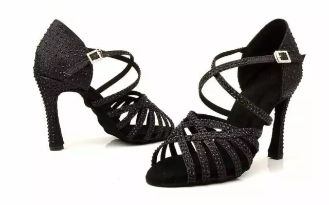 Scarpe da ballo nere sandali gioiello con strass su misura tacco personalizzate