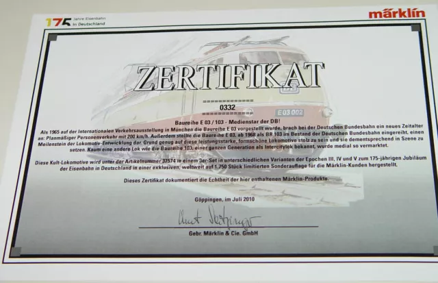 Märklin Insider Zertifikat für Märklin 37574 BR 03 / BR 103
