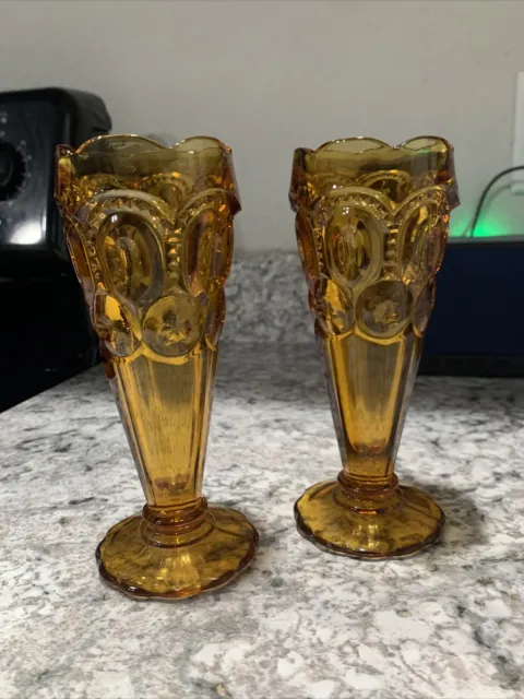 Smith Glass Moon & Star Amber Cupped Bud Vase 6 1/2" Height VGC Set Of 2