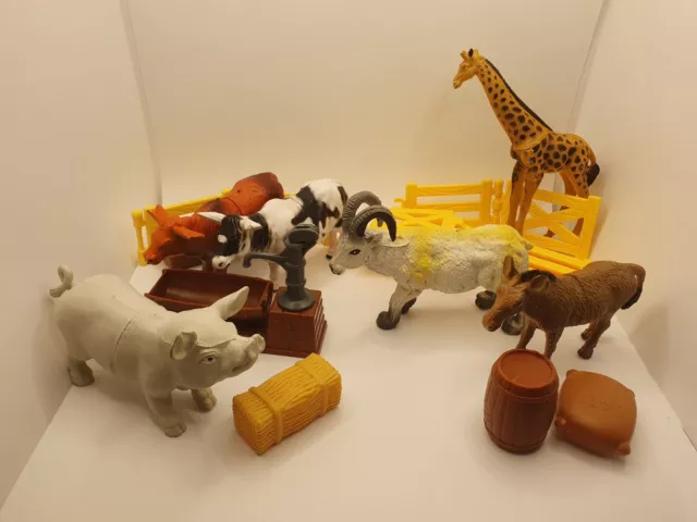 Mixed Animal Toy Bundle Plastic Zoo Farm Wildlife Fence Barrel Oats Trough