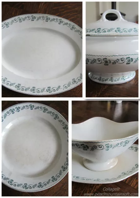 Porcelaine Opaque de GIEN terre de fer Trèfle soupière saucière plat rond et ova