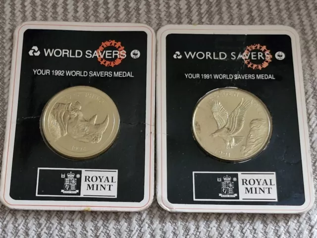 Royal Mint Natwest World Savers Medal White Rhino 1992 & Golden Eagle 1991