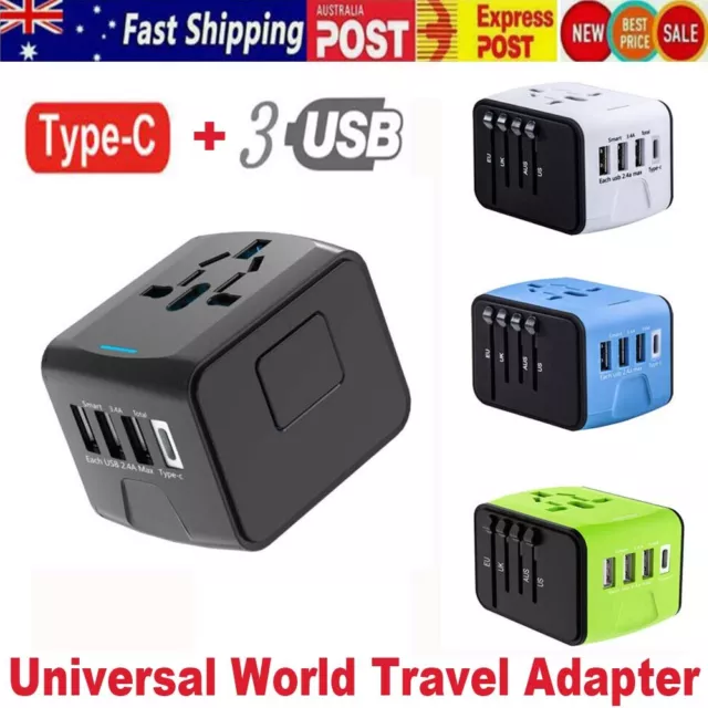 Universal World Travel Adapter 3 USB & Type-C Charger US/UK/EU/AU Plug Converter