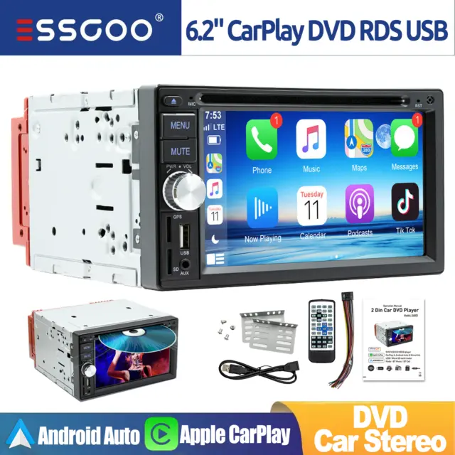 Double 2 Din Car CD DVD Player Apple Carplay Android Auto Stereo BT Radio AUX AM