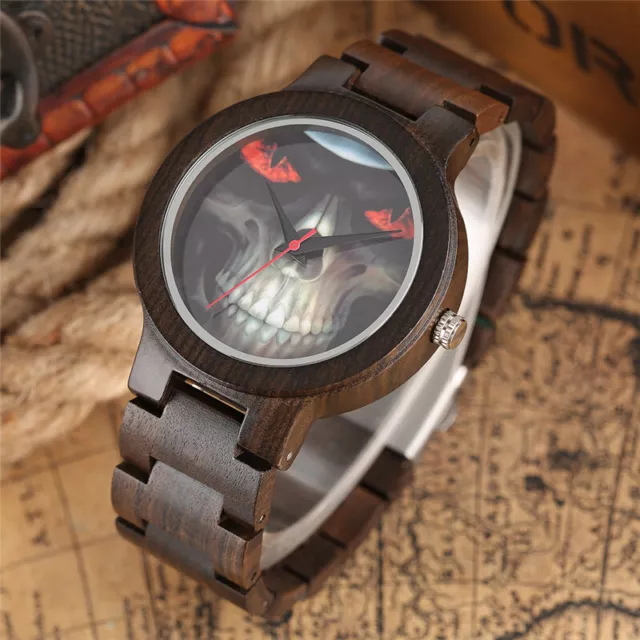 Men's Gothic Watch Skull Dial Quartz Analog Wristwatch Full Wooden Strap reloj