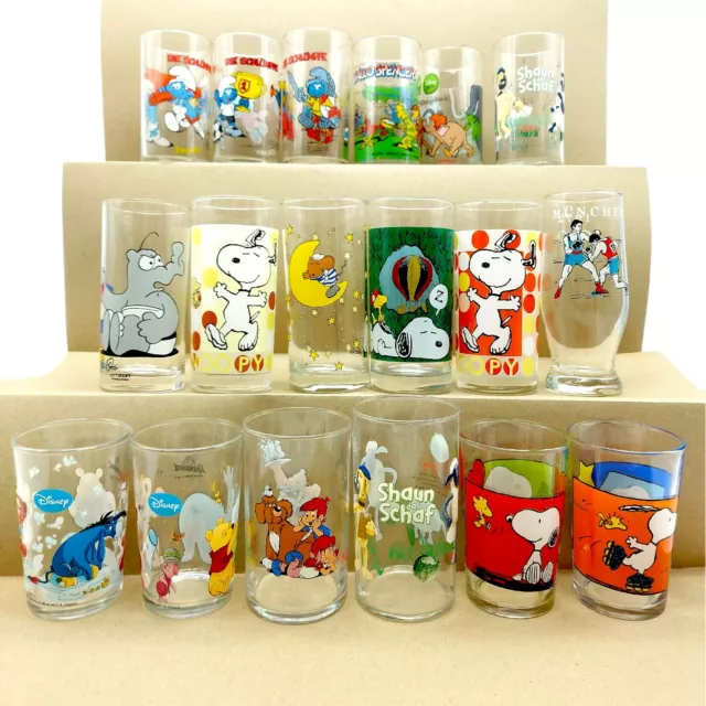 Glas Sammlung TV Figuren Werbung Zeichentrick Disney Senf Saft Gläser Auswahl