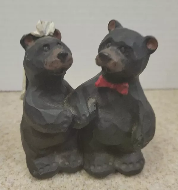 Black Bear Bride and Groom Holding Hands Faux Wood Carved Figurine Cake Topper