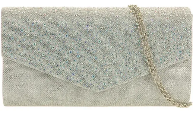 Womens Glitter Clutch Bag Chain Diamante Prom Wedding Evening Bridal Handbag UK