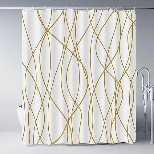 Gold Light Brown and White Striped Wavy Line Fabric Shower Curtain for Bathro...