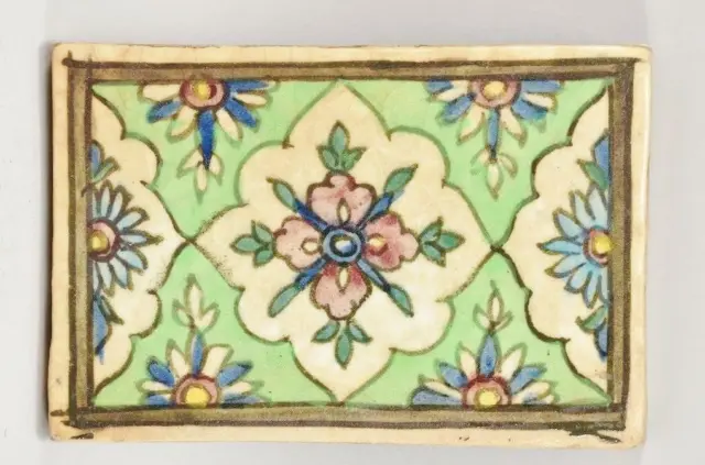 Large Antique Qajar Persian Ceramic Tile 19c. Iznik Flowers Islamic Art 19x13cm