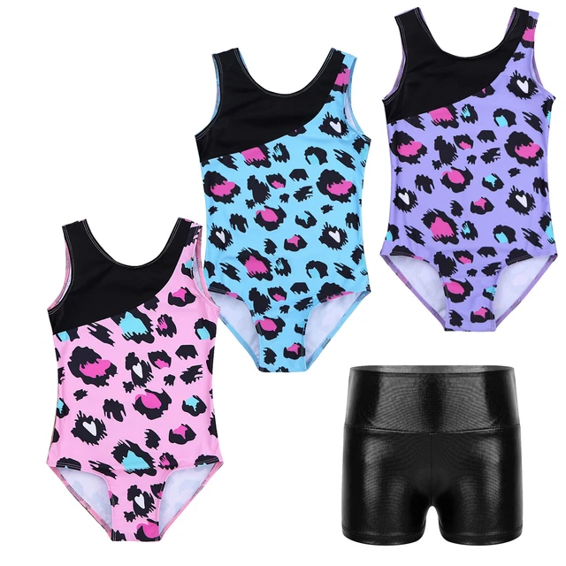 Kids Girls Gymnastics Ballet Bodysuit Sleeveless Leotard With Shorts Sports Gym