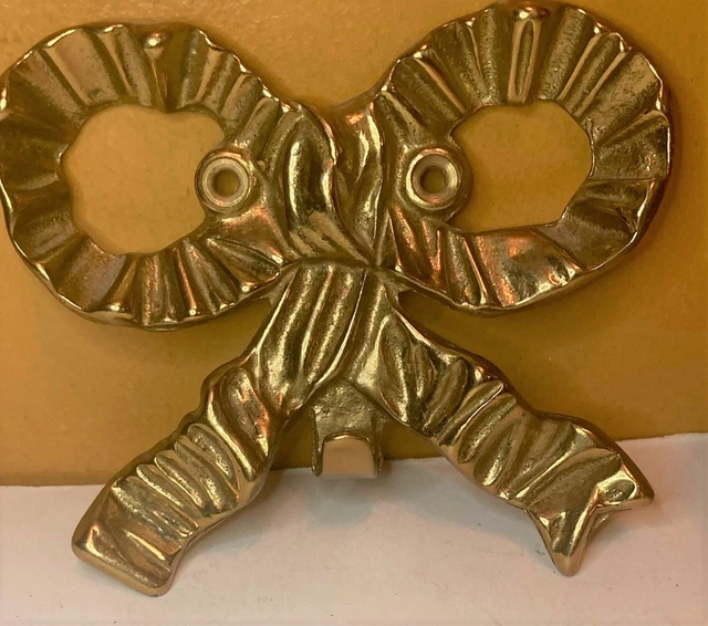 Vtg Salvage Heavy Brass Ribbon Bow Wall Coat Hanger Hook Picture Holder 4.5" W 4