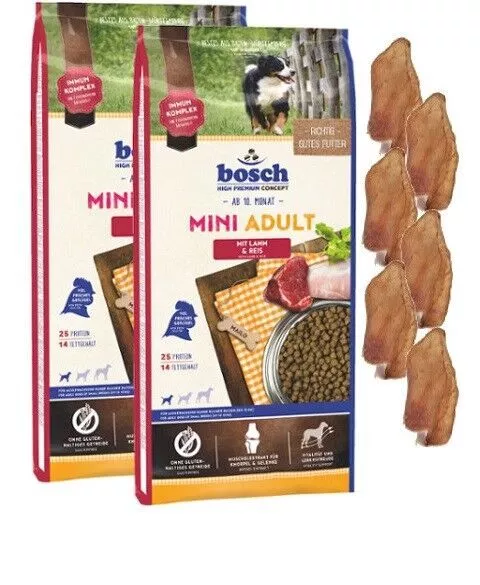 2x15kg Bosch Adult MINI Agneau & Riz + 6 x Oreilles de Lapin