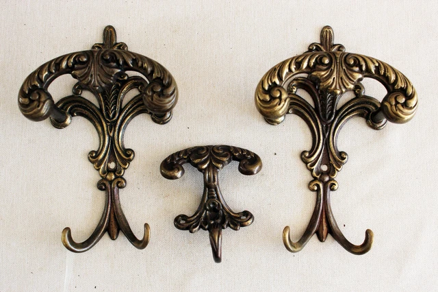 3 vintage coat hat hooks solid Brass Bronze