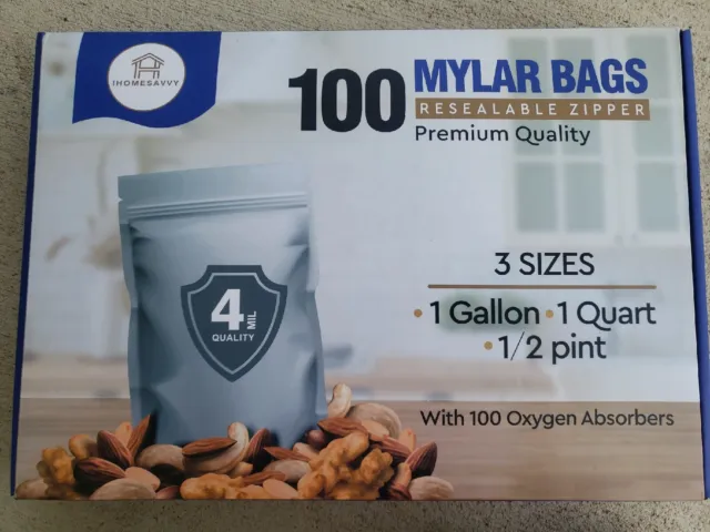 100pcs 4MIL Mylar Bags for Food Storage with Oxygen Absorbers 3 Sizes