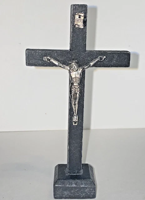 Vintage Sacred Heart Southern Mission Wood Crucifix INRI Cross Black & Silver
