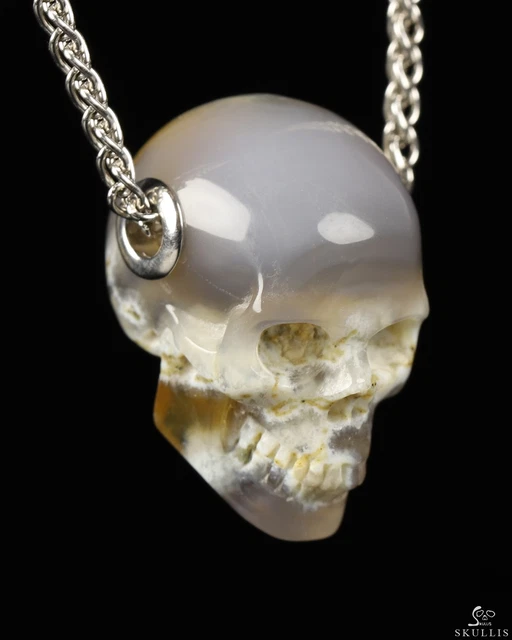 1.1" Green Moss Agate Carved Crystal Skull Pendant With 925 Sterling Silver