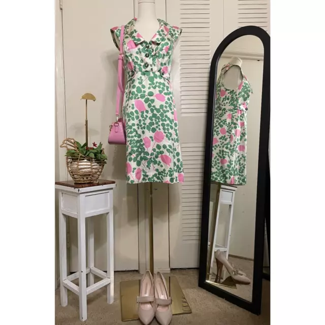 100% Silk Anthropologie Moulinette Soeurs Dress Size 4 Green/Pink Floral Pattern