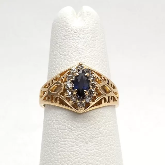 14K Gold Natural Sapphire September Birthstone Diamond Halo Marquise Ring