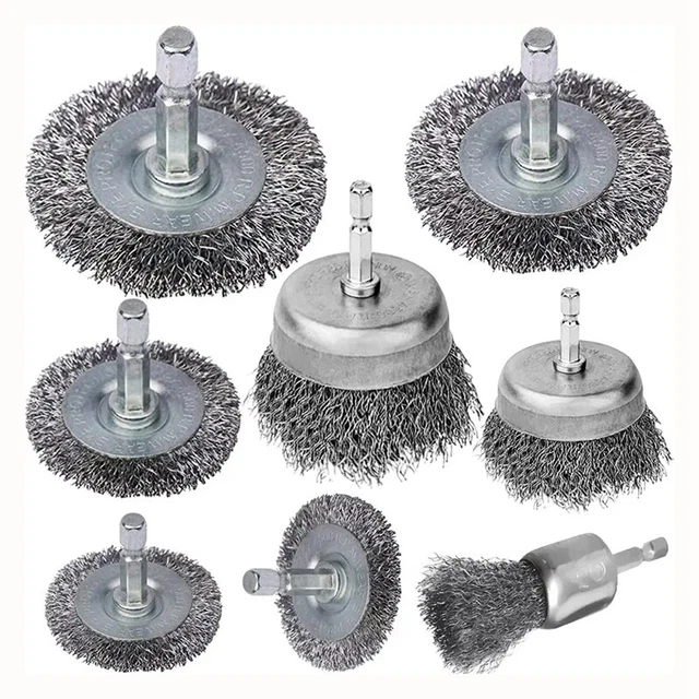 8 Pieces Wire Brush Wheel Cup Brush Set Accessories 1/4Inch Hex for Rust Re F2T9