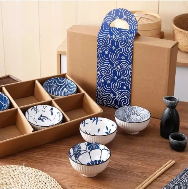 Japanese Blue Ramen Rice Bowl Ceramic Ramen Bowls Set of 6 Soup Noodle Bowls UK