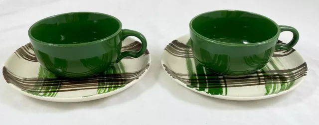 Plaid Cup w/ Saucers Green Brown Coffee Tea Set of 2 VTG MCM Multiple Available