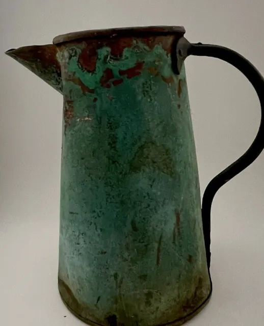 19th Century Copper Antique French Watering Can Pitcher Patina Wrought Iron