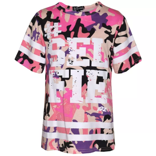 Girls Top Kids Designer's #Selfie Print Camouflage Fashion T Shirt Top 7-13 Yrs