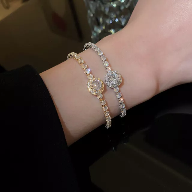 925 Silver Crystal Heart Bangle Bracelet Women Cubic Zirconia Wedding Jewelry