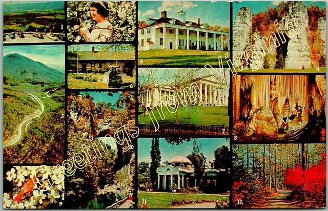 "Greetings from VIRGINIA" Postcard Multi-View 12 State Views Chrome 1962 Cancel