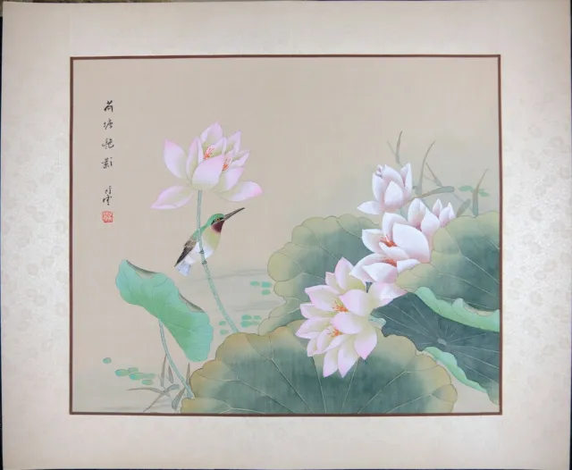 Vintage Asian Watercolor on Silk Paper, Oriental Painting, Kingfisher on Lotus