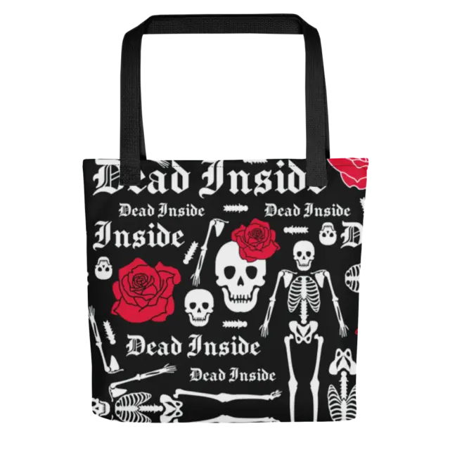 Dead Inside Skeletons and Roses Custom Print Black Tote Bag Punk Goth