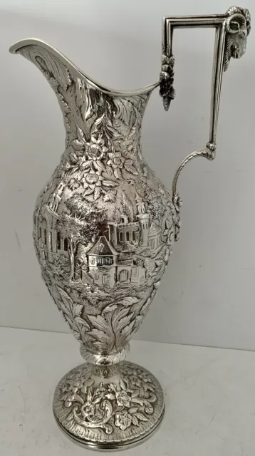 Early Kirk  Sterling Architectural Landscape Repousse Ewer Water Pitcher 1846-96