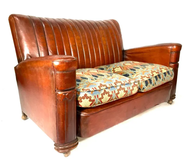 Antique Art Deco Brown Leather Club Two Seater Sofa / Armchair / c.1930