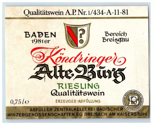 1970's-80's Kondringero Alte Burg Riesling German Wine Label Original S43E