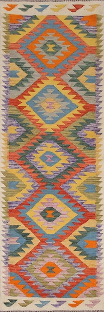 Alfombra tribal de corredor reversible tejida plana Kilim color pastel del suroeste 3'x10'
