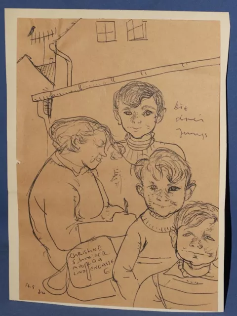 Vintage ink drawing three boys and their mother portrait 3