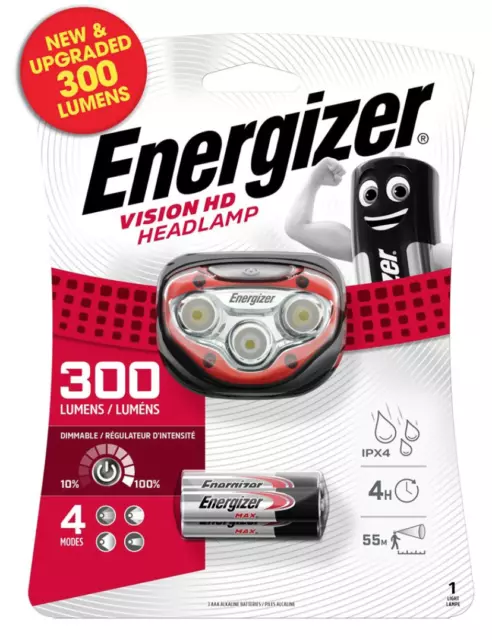 NEW Energizer Vision HD 300 LUMENS Torch Headlight LED with 3 AAA Max batteries